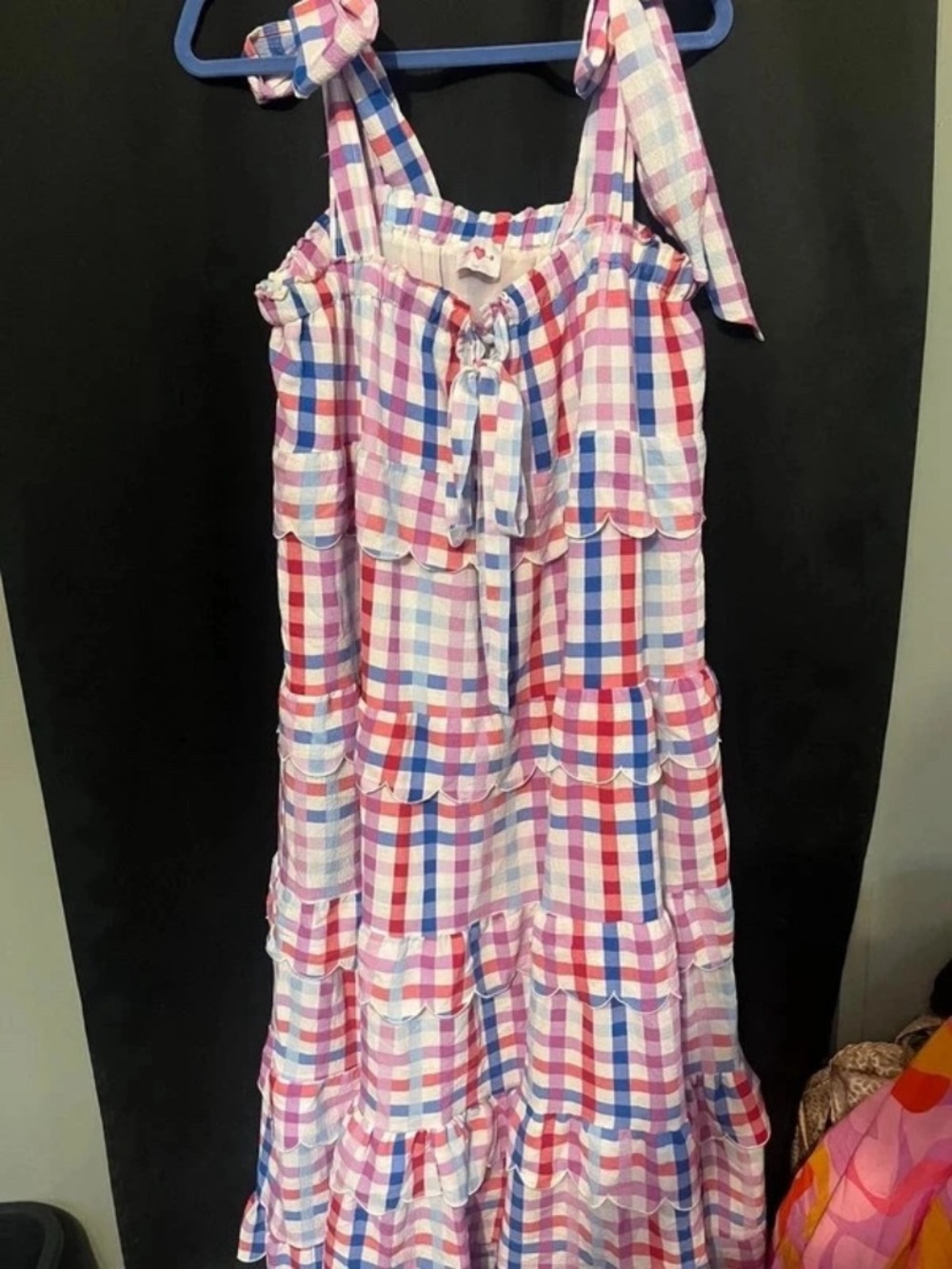 Buddy Love Pink, Blue & White Plaid Tiered Tie-Shoulder Dress